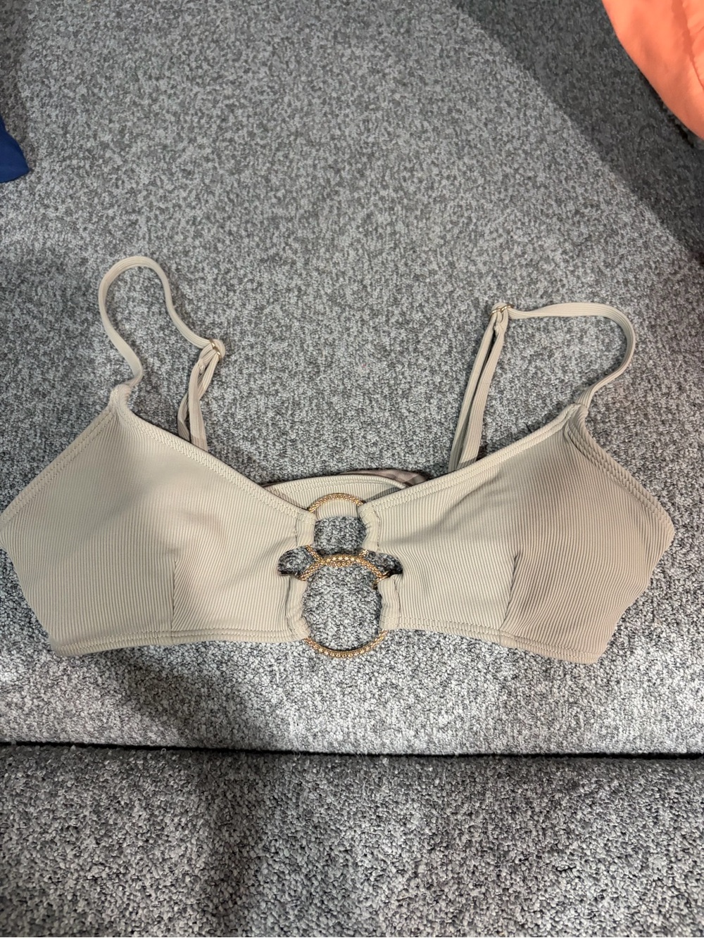 Garage Beige Ribbed Bikini Top with Gold Rings